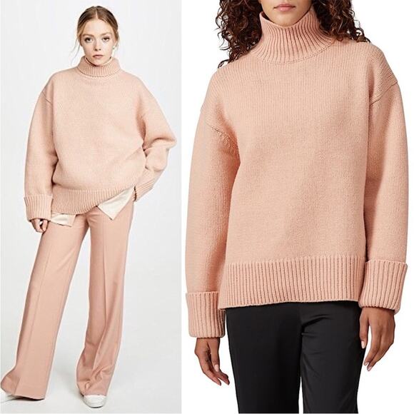 VICTORIA VICTORIA BECKHAM Pale Pink Oversized Wool Funnel Neck Chunky Sweater L - Picture 1 of 10